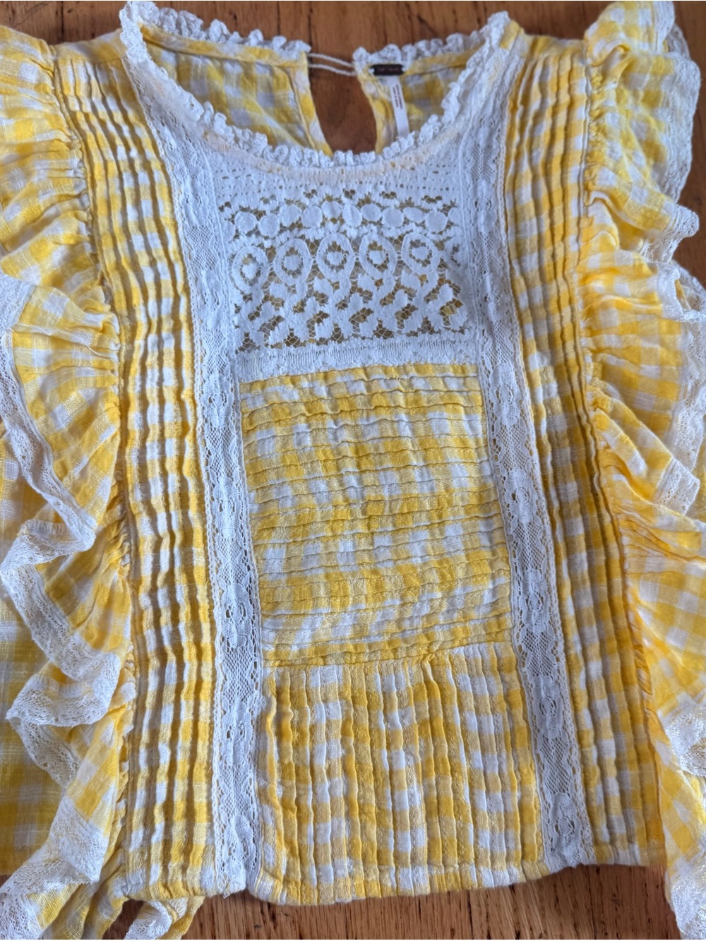 Free People Yellow and White Lace-Trim Peasant Blouse like new size small